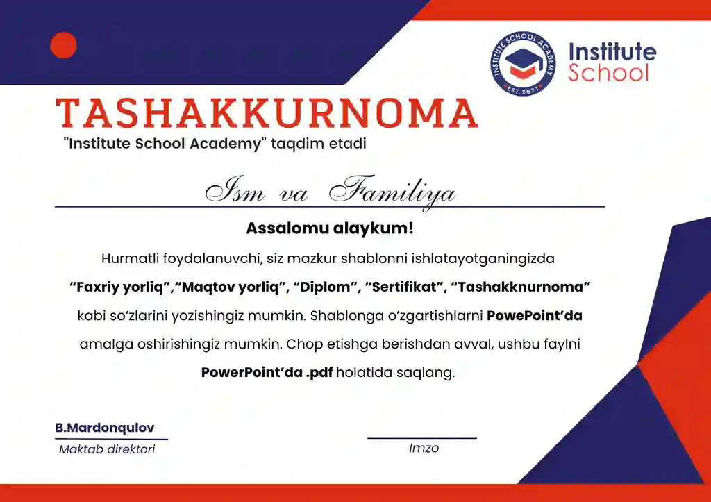 Tashakkurnoma O'zbekcha