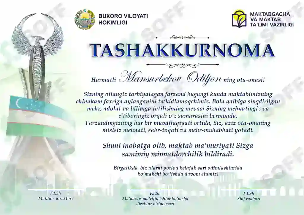 Tashakkurnoma shablon