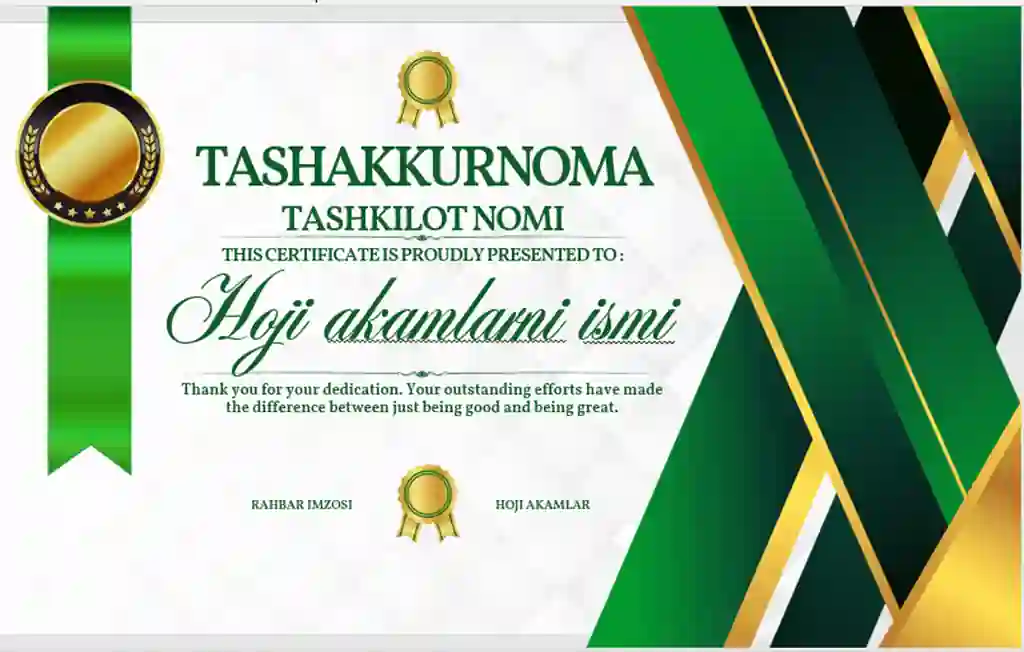 TASHAKKURNOMA shablon tayyori andoza