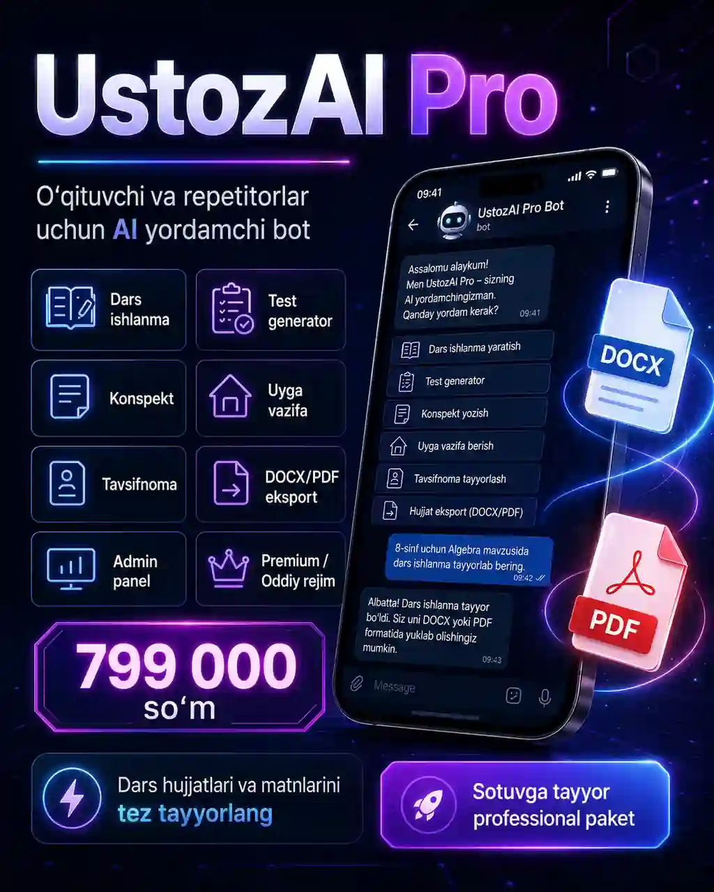 UstozAI Pro — O‘qituvchi va repetitorlar uchun AI yordamchi bot