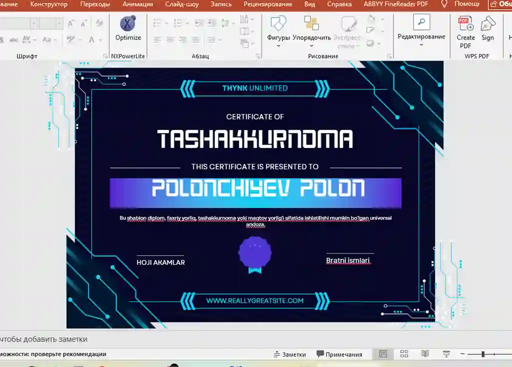 TASHAKKURNOMA shablon tayyori andoza