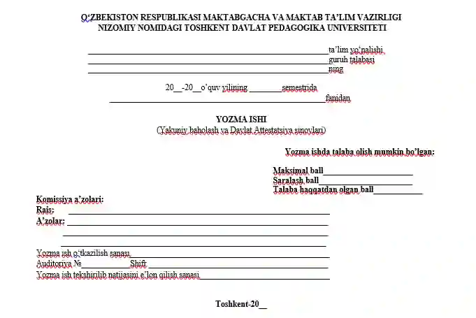 Yozma ish uchun Titul varoq