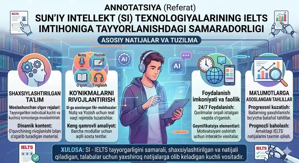 IELTS IMTIHONIGA TAYYORLANISHDA SUN’IY INTELLEKT TEXNOLOGIYALARINING SAMARADORLIGI
ANNOTATSIY