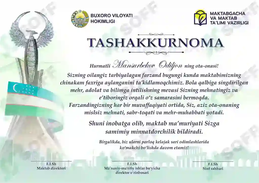 Tashakkurnoma shablon Word