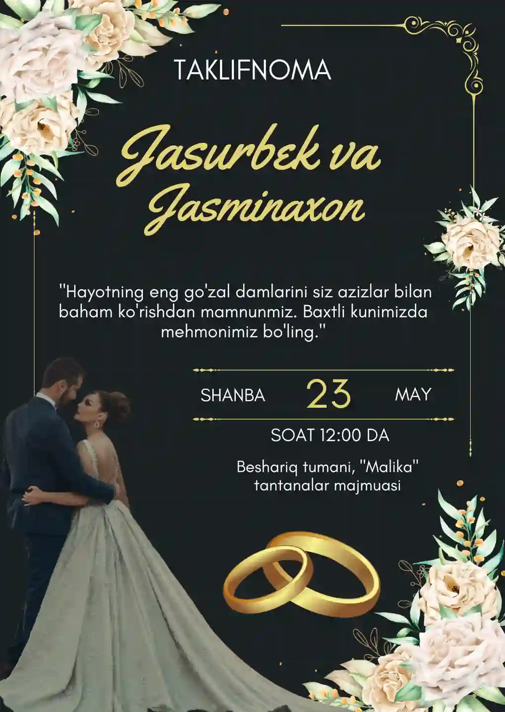 Hashamatli to'y taklifnomasi (Qora va tilla rangli shablon)