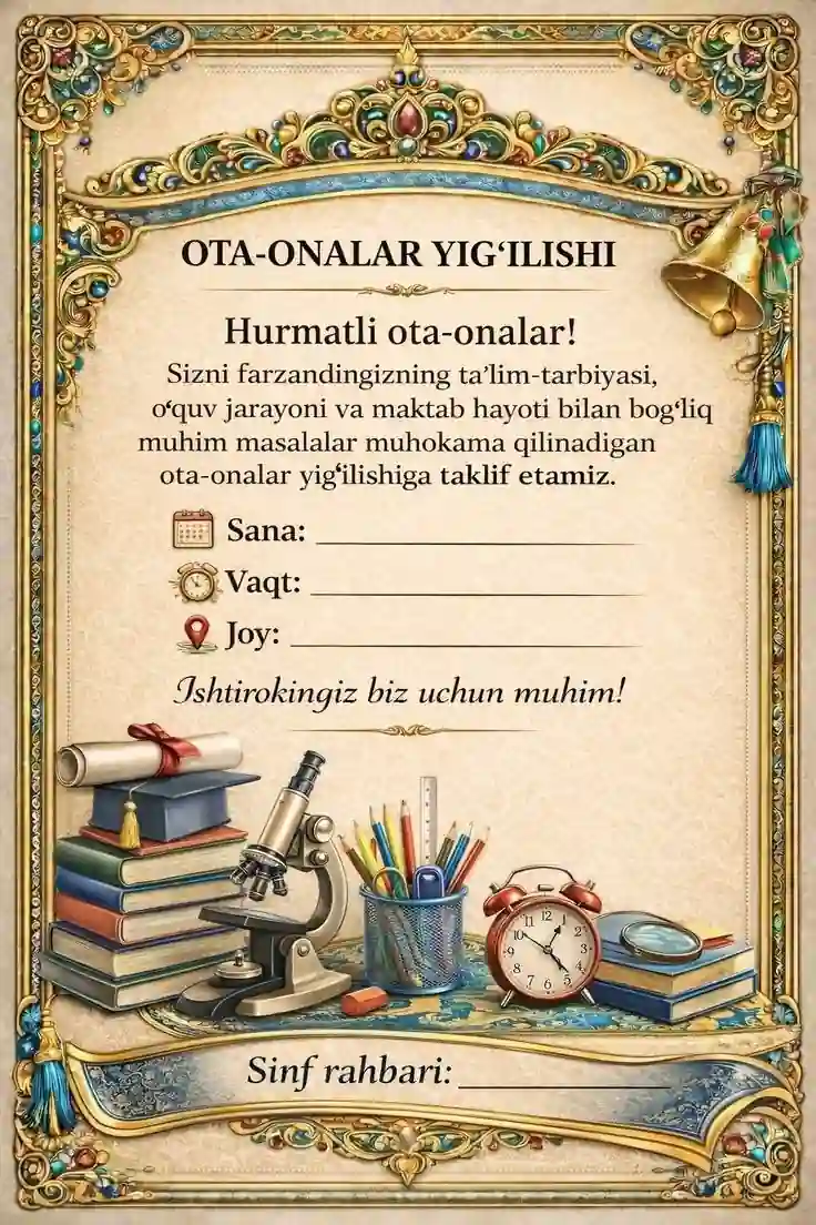 Ota-onalar majlisi uchun taklifnoma shabloni