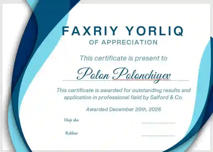 Faxriy yorliq shablon tayyori andoza