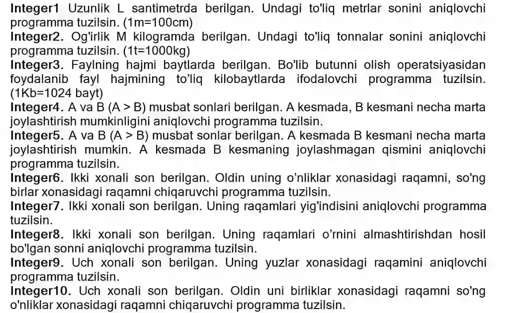 Pythonda butun son integer ga savollar va javoblari bilan