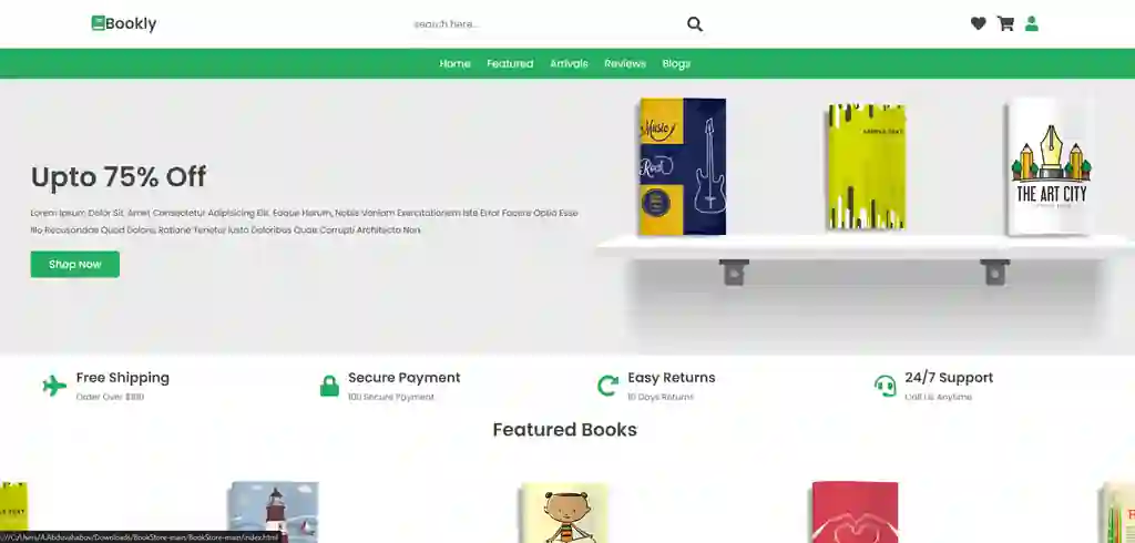 Kitob sotuvi uchun tayyorlangan vebsayt shabloni.