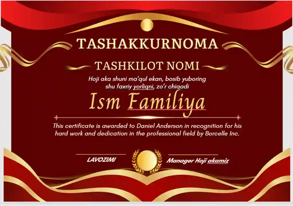 TASHAKKURNOMA shablon tayyori andoza