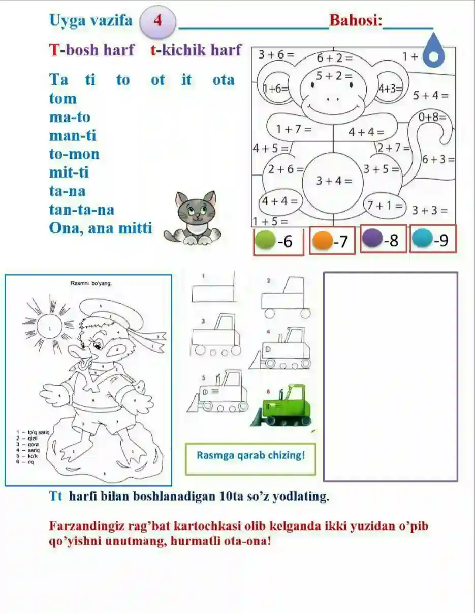 Alifbe, yozuv, matematika darsidan vazifalar