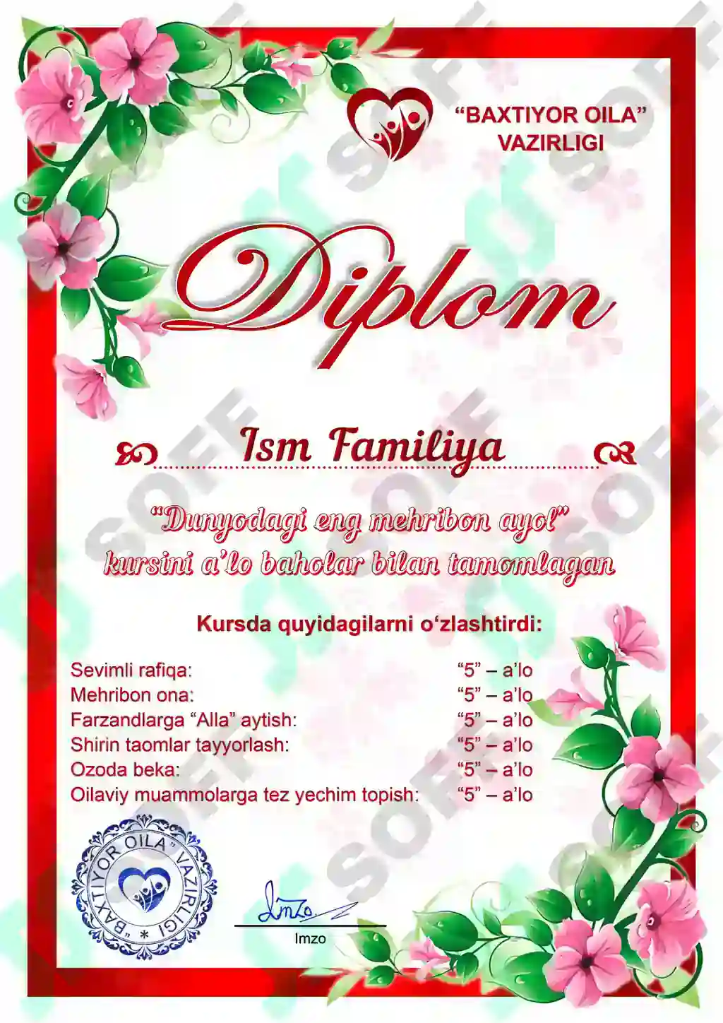 Dunyodagi eng mehribon ayol - Diplom shablon Word