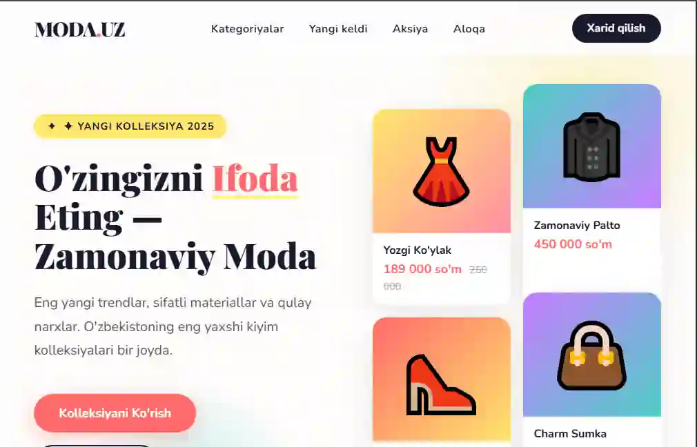Kiyim-kechak do'koni uchun zamonaviy Landing Page — HTML/CSS/JS