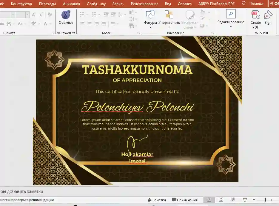 TASHAKKURNOMA shablon tayyori andoza