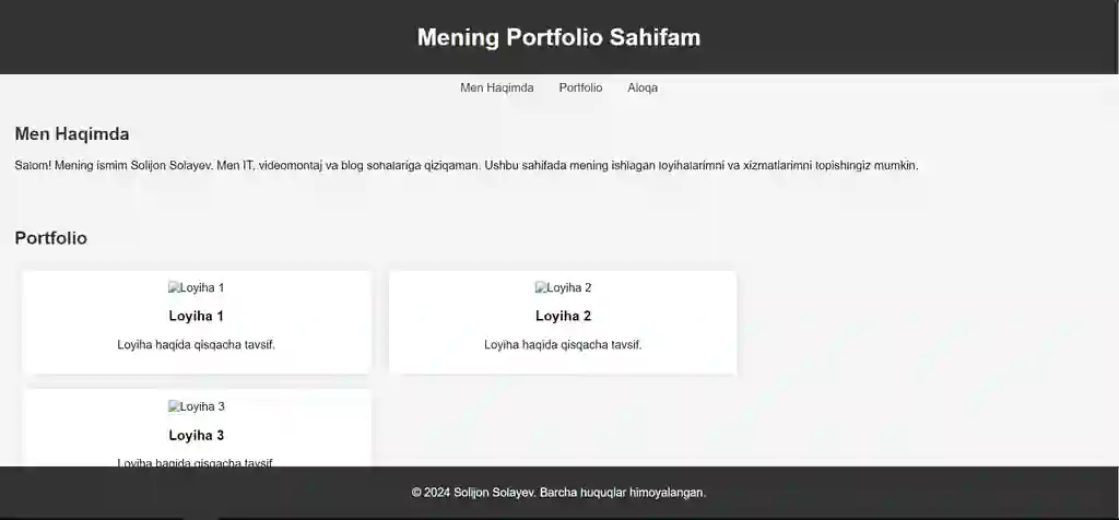 Portfolio uchun sayt namunasi