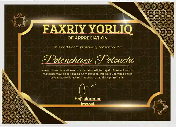 Faxriy yorliq shablon tayyori andoza
