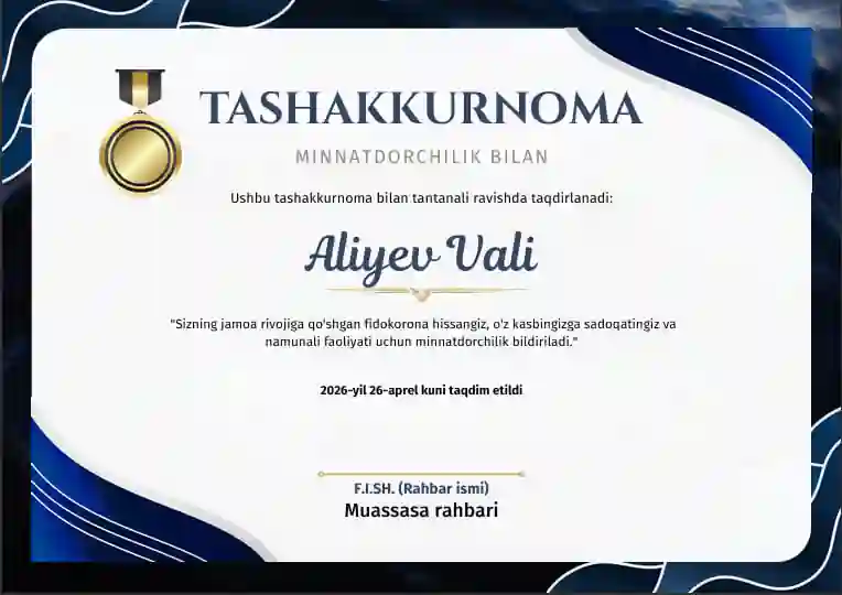 Profissional Tashakkurnoma Shablon