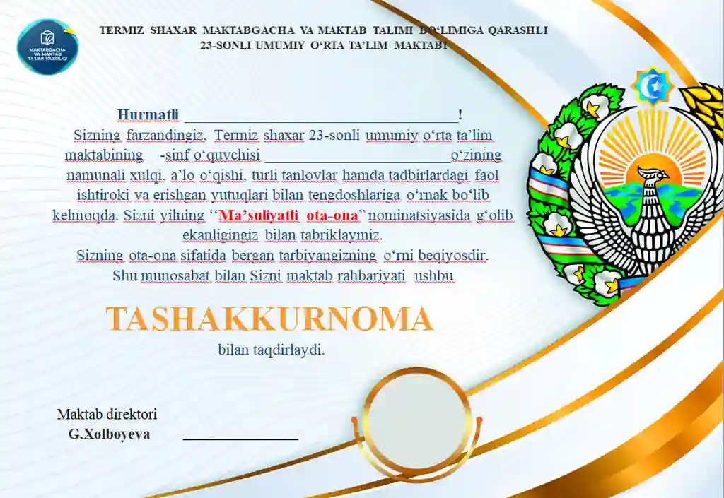 Tashakkurnoma taqvim bo'yicha hamma bayram tadbirga yozilgan