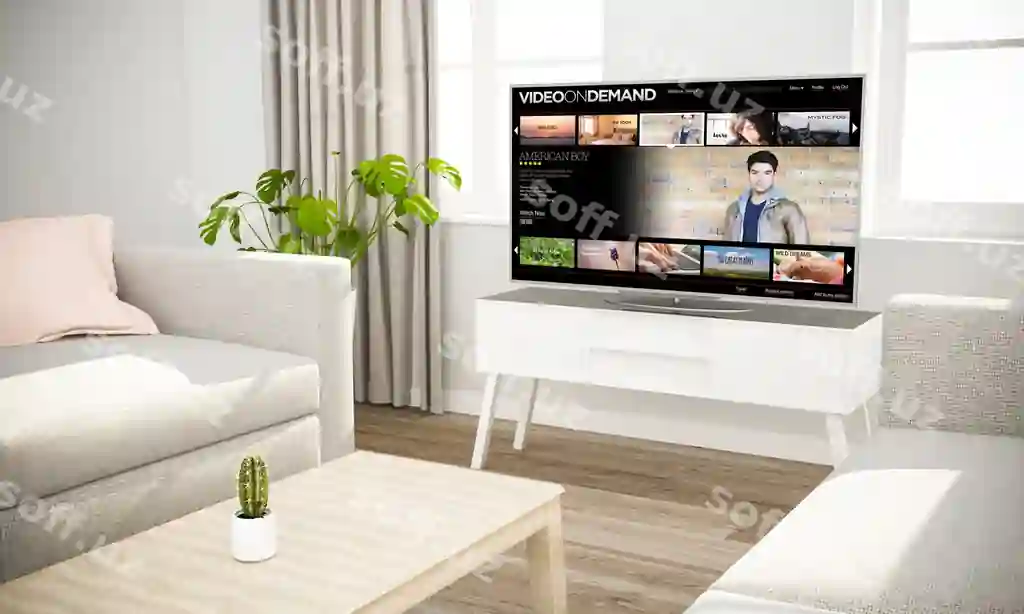 Televizor filmlarni stream qiladigan skandinav ichki dekoratsiyasi kulrang divan bilan 3d render | Television streaming movies scandinavian interior with gray sofa 3d rendering