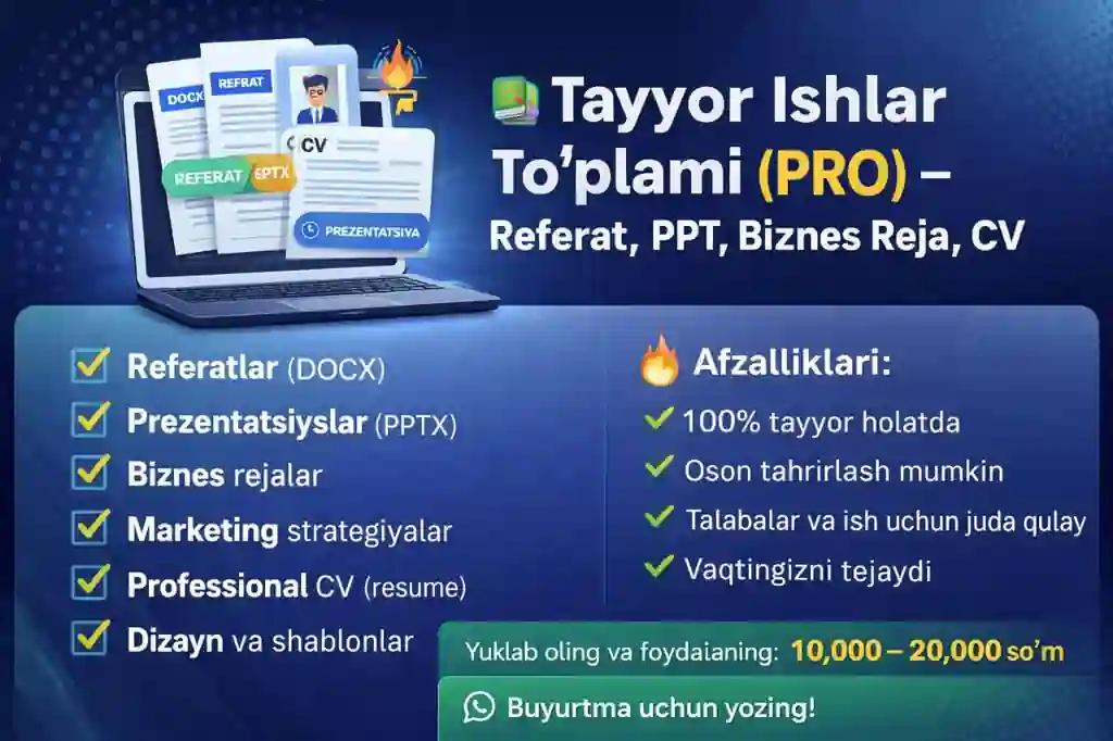 Mega Tayyor Ishlar To‘plami (VIP) – 15+ Fayl (DOCX, PPTX, Biznes, SMM)