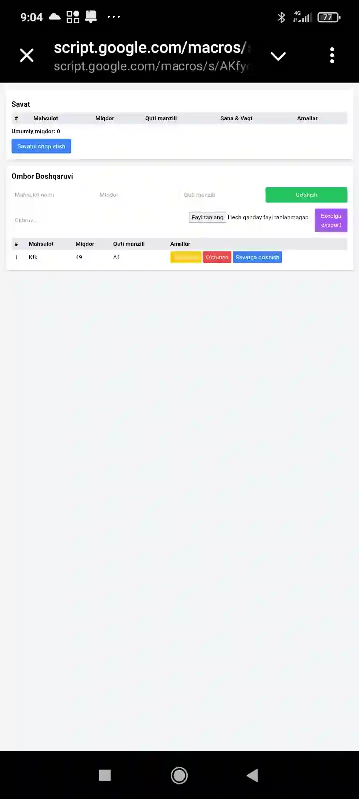 ombor boshqaruvi uchun web ilova