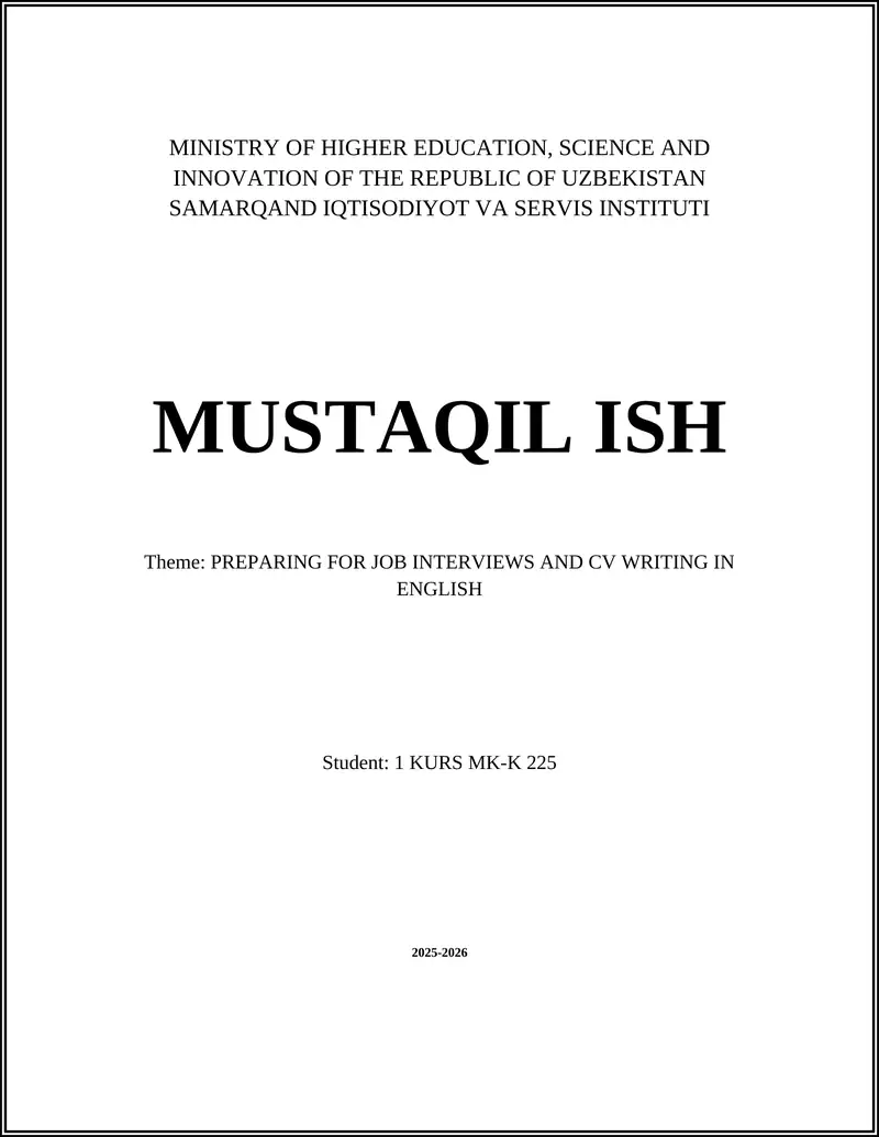 PREPARING FOR JOB INTERVIEWS AND CV WRITING IN ENGLISH