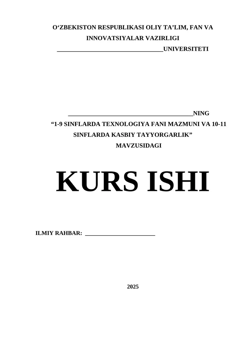 1-9 sinflarda Texnologiya fani mazmuni va 10-11 sinflarda Kasbiy tayyorgarlik