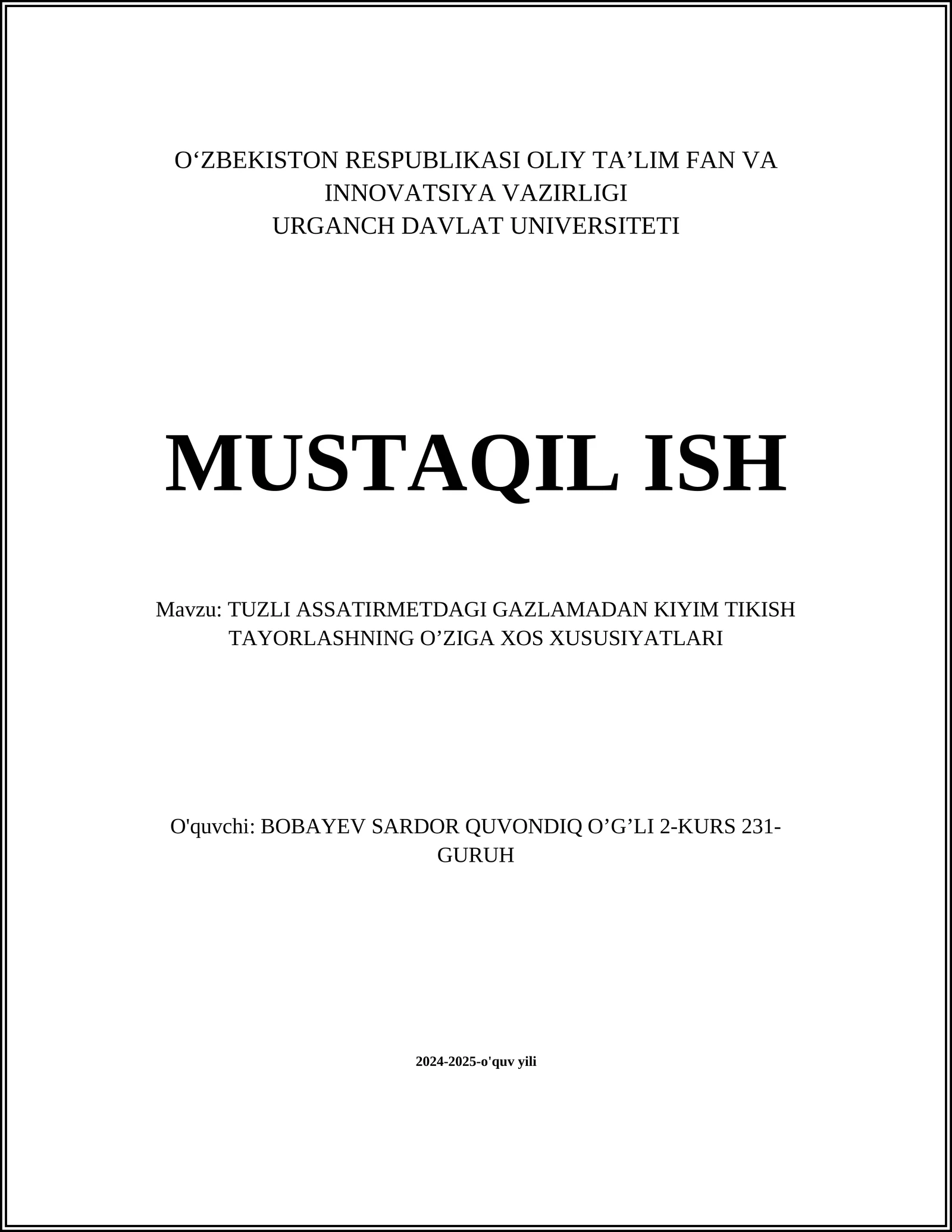 TUZLI ASSATIRMETDAGI GAZLAMADAN KIYIM TIKISH TAYORLASHNING O’ZIGA XOS XUSUSIYATLARI