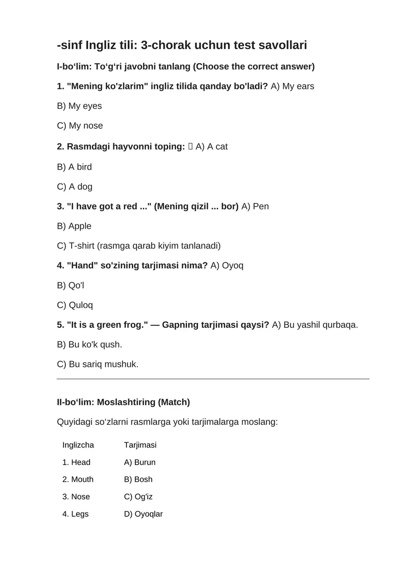 3-chorak ingliz tili test savollari
