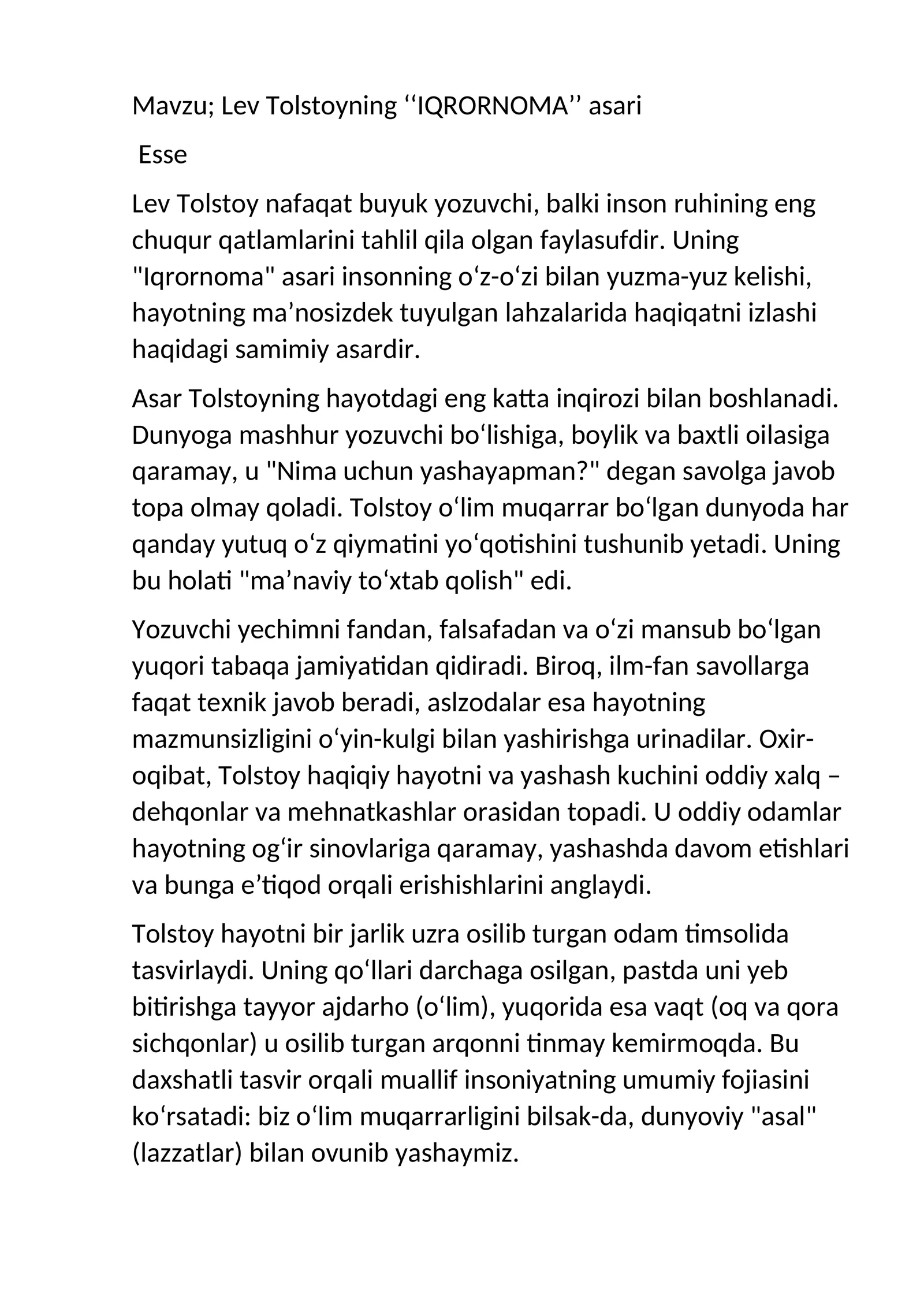 Lev Tolstoy ning iqrornoma asari haqida fikrlar