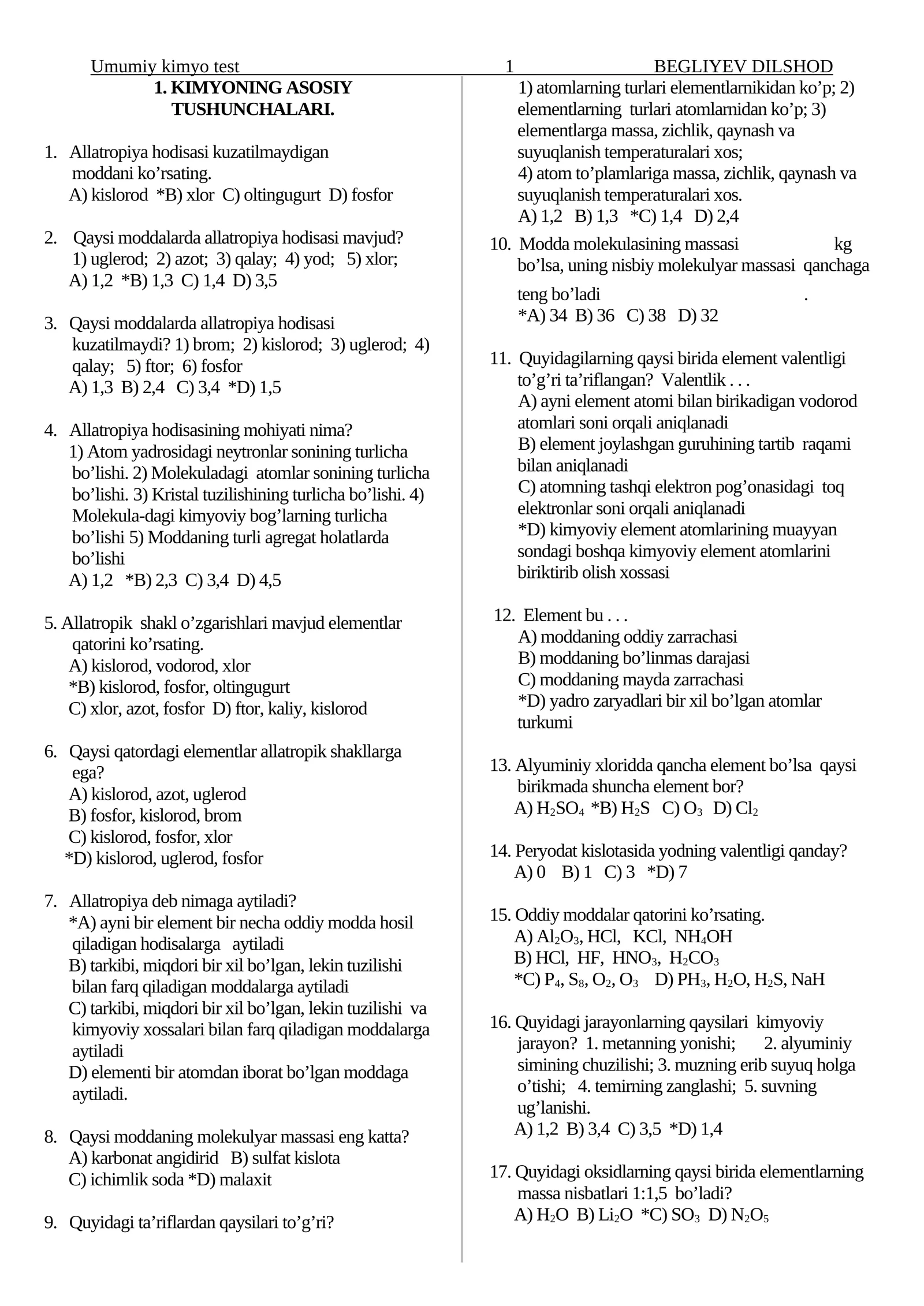 Umumiy kimyo test 73 BEGLIYEV DILSHOD