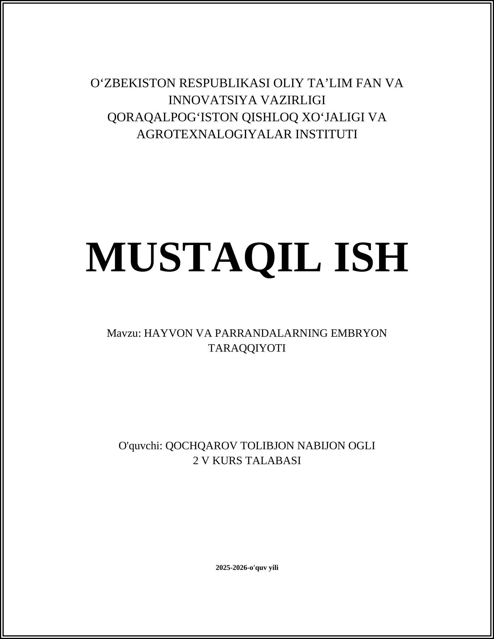 HAYVON VA PARRANDALARNING EMBRYON TARAQQIYOTI