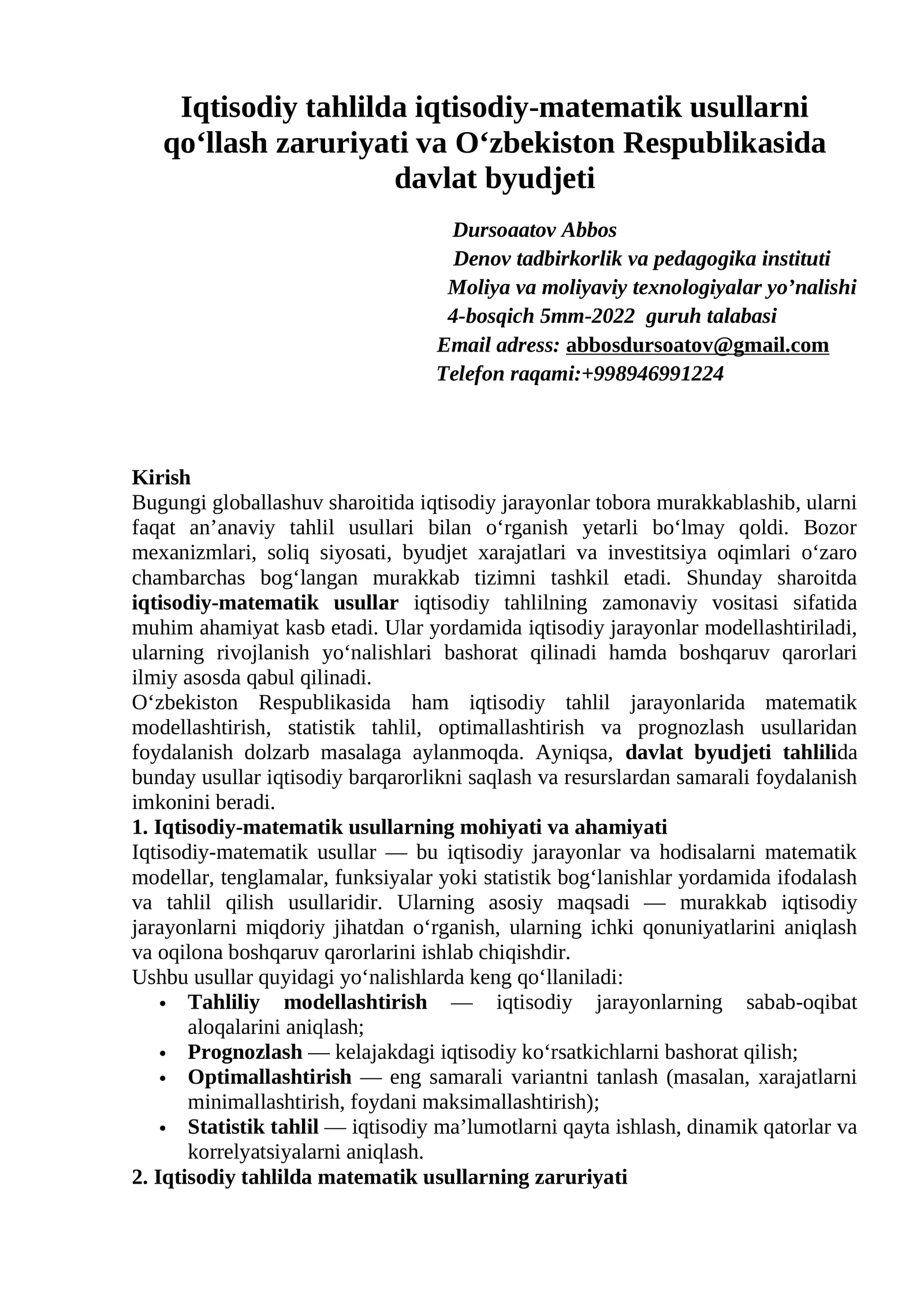 Iqtisodiy tahlilda iqtisodiy-matematik usullarni qo‘llash zaruriyati va O‘zbekiston Respublikasida davlat byudjeti