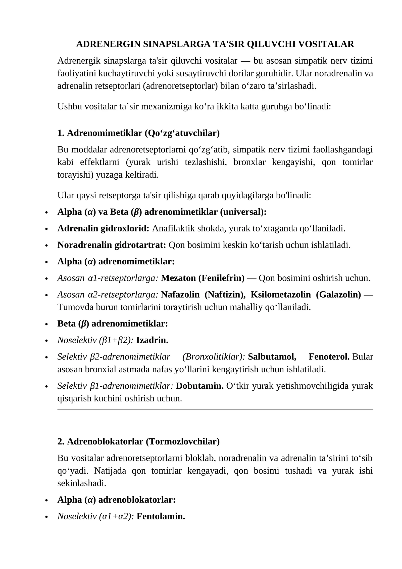 Adrengin sinapslarg ta'sir qiluvchi vositalar