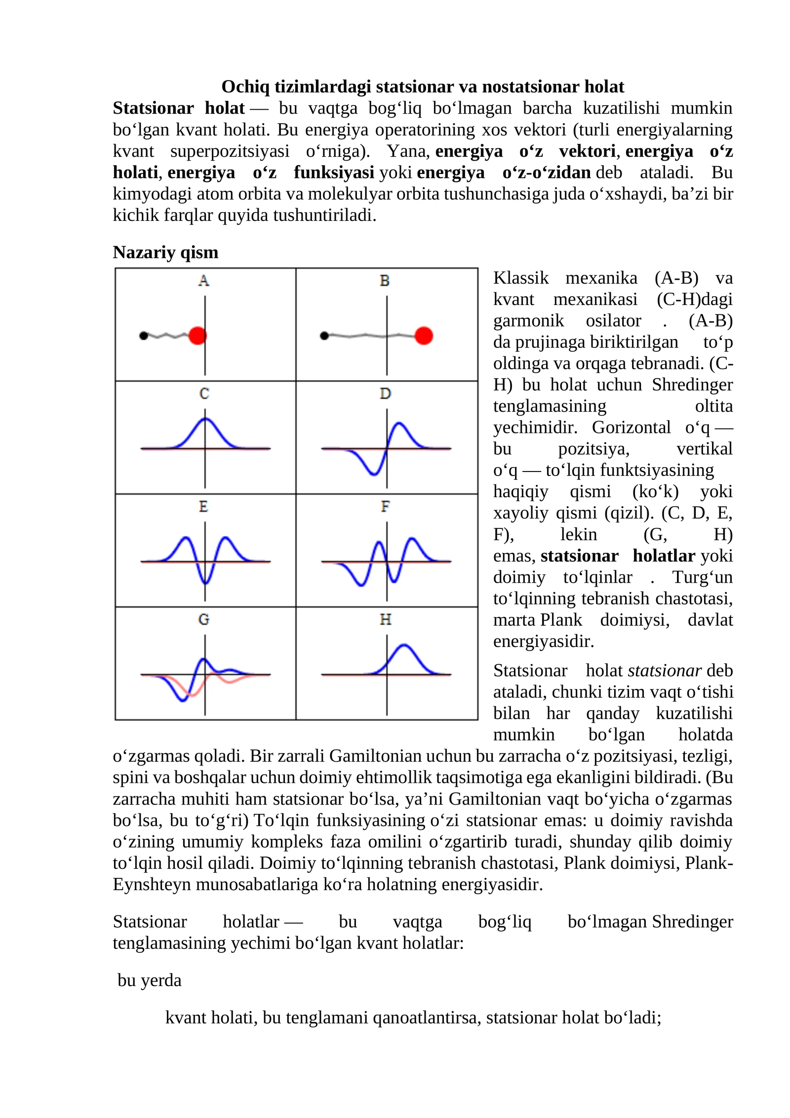 Ochiq tizimlardagi statsionar va nostatsionar holat