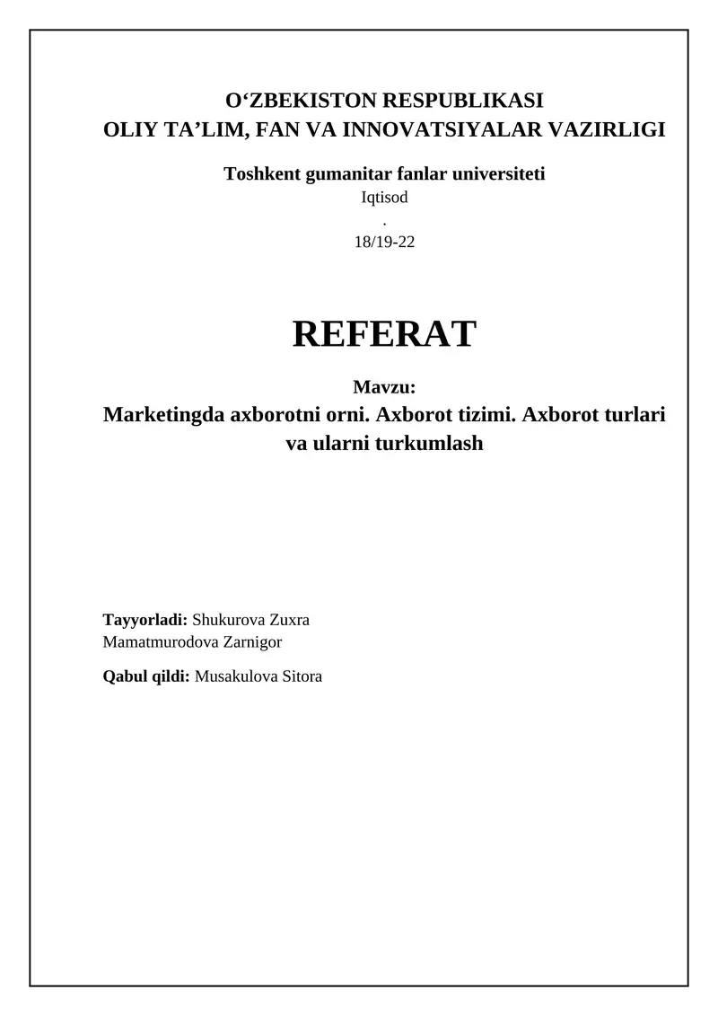 Marketingda axborotning roli va axborot tizimlari