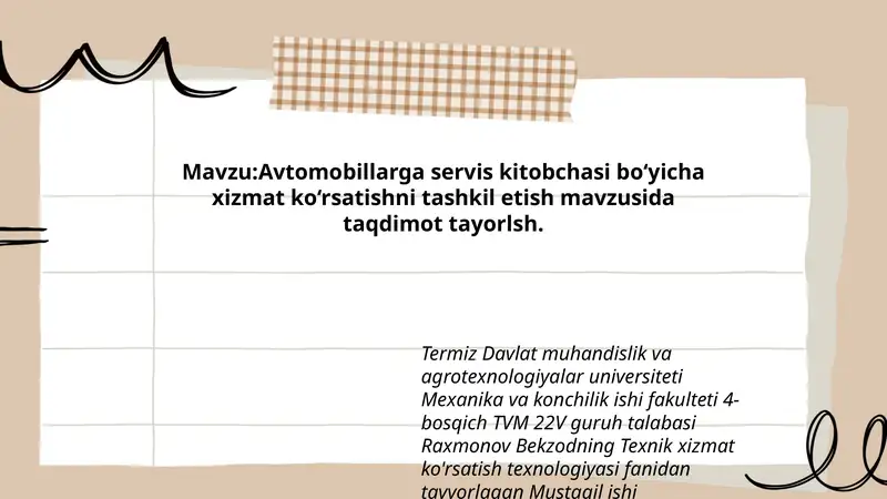 Avtomobillarga servis kitobchasi bo‘yicha xizmat ko‘rsatishni tashkil etish