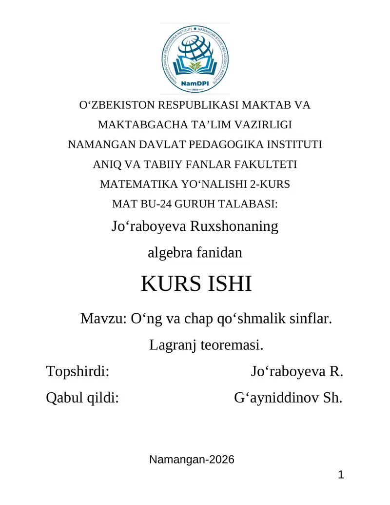 Mavzu: Oʻng va chap qoʻshmalik sinflar. Lagranj teoremasi