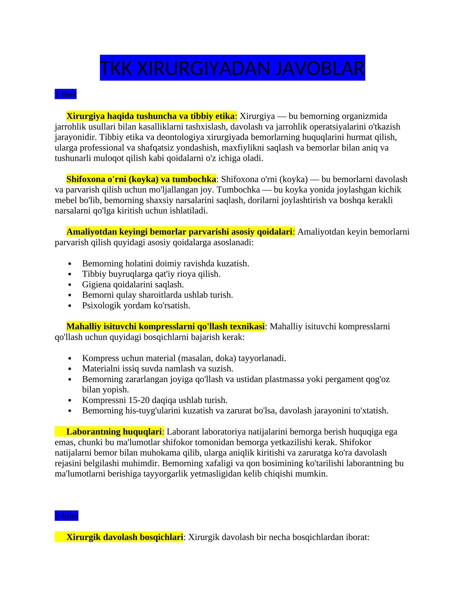TKK XIRURGIYADAN JAVOBLAR