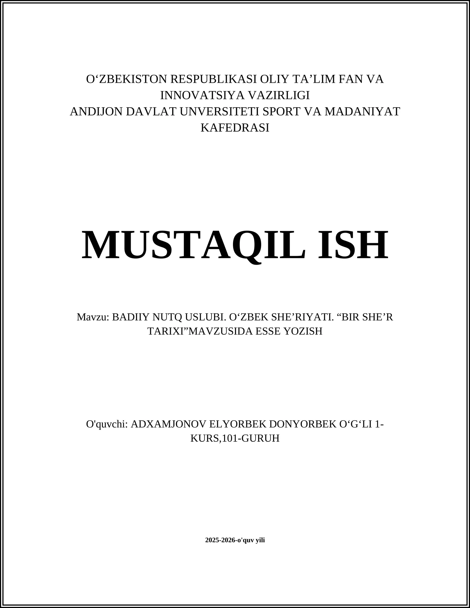 BADIIY NUTQ USLUBI. OʻZBEK SHE’RIYATI. “BIR SHE’R TARIXI”MAVZUSIDA ESSE YOZISH