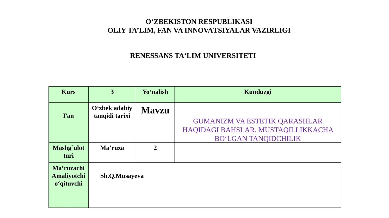 GUMANIZM VA ESTETIK QARASHLAR HAQIDAGI BAHSLAR