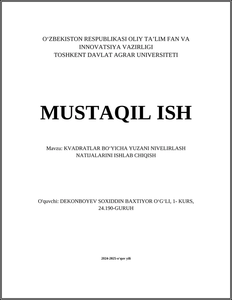 KVADRATLAR BOʻYICHA YUZANI NIVELIRLASH NATIJALARINI ISHLAB CHIQISH