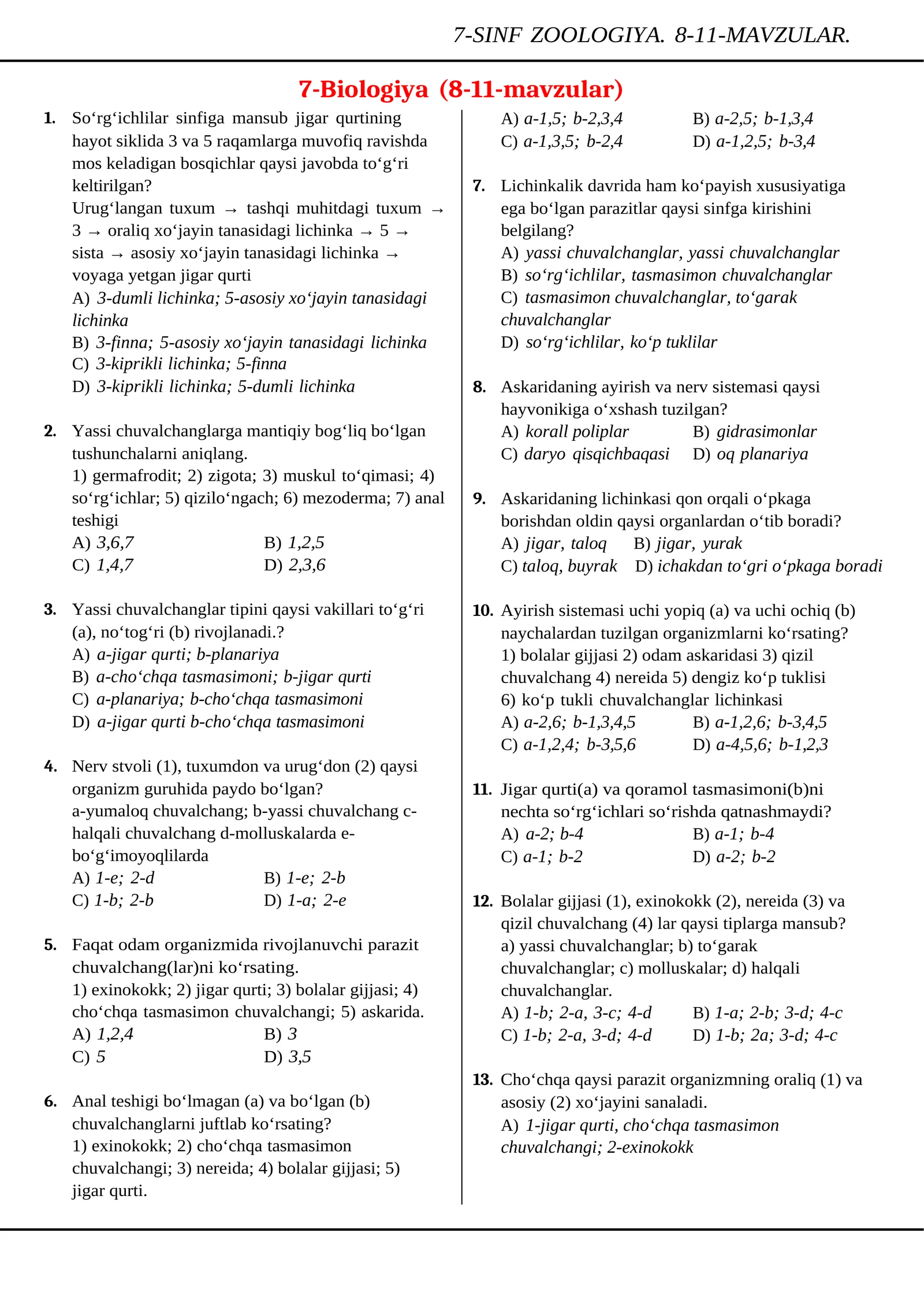 7-SINF ZOOLOGIYA. 8-11-MAVZULAR