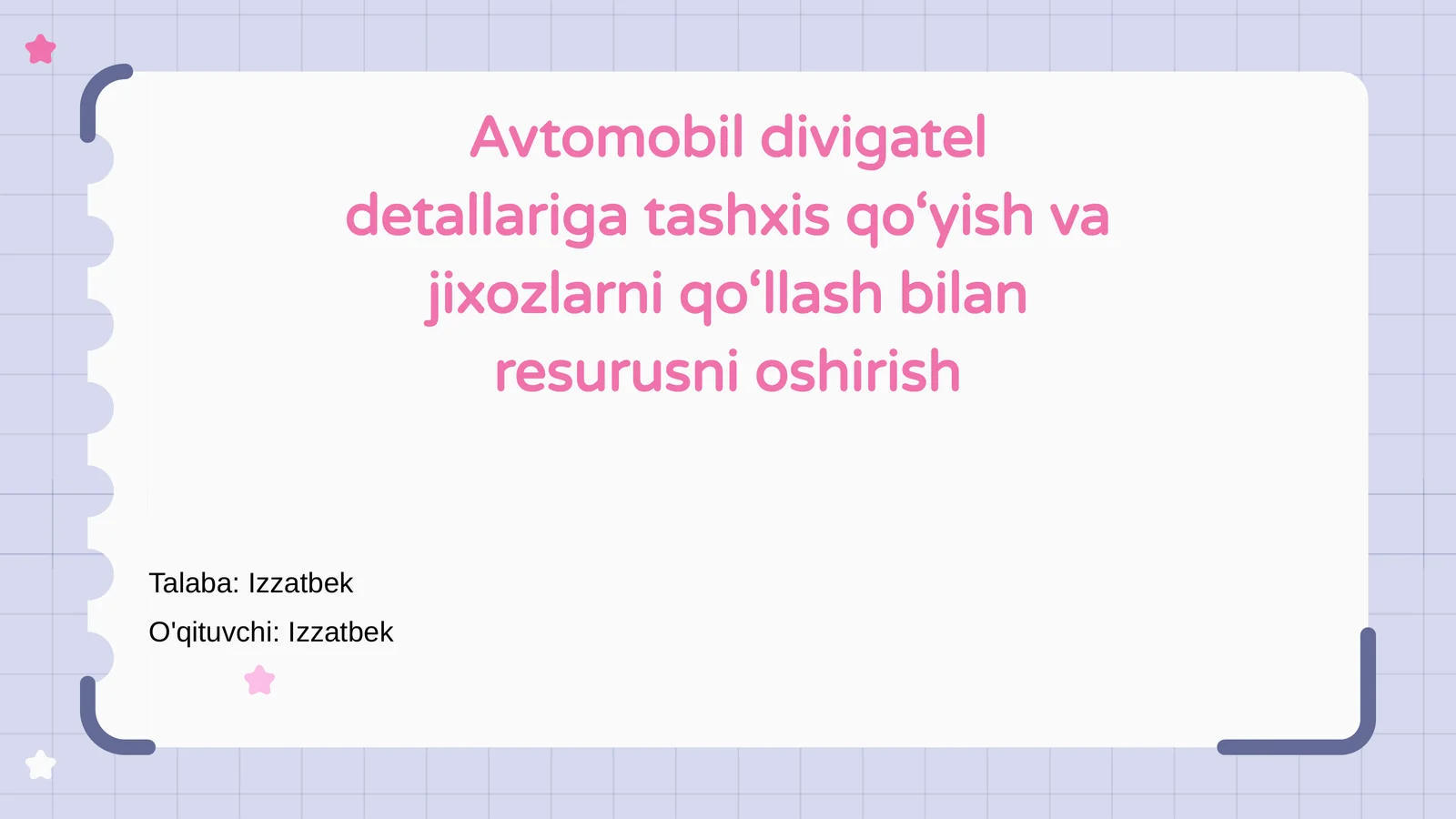 Avtomobil divigatel detallariga tashxis qo‘yish va jixozlarni qo‘llash bilan resurusni oshirish