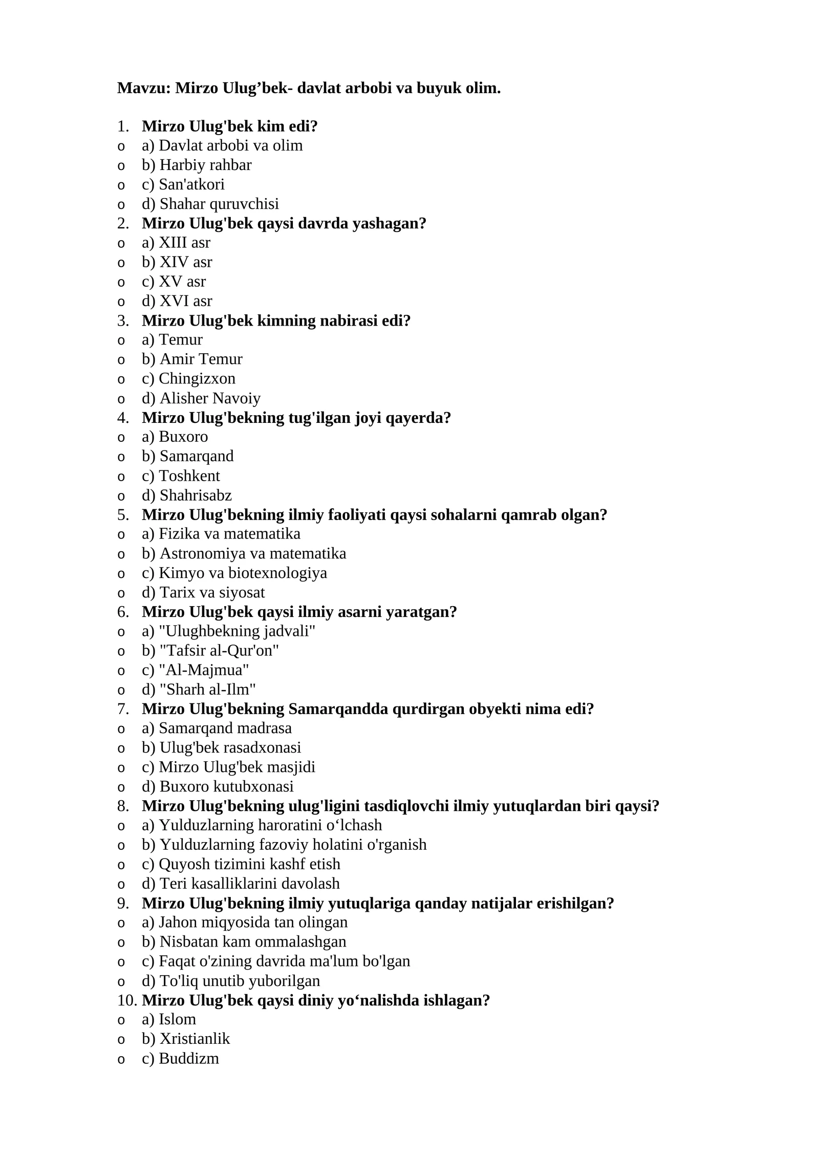 Mirzo Ulug’bek- davlat arbobi va buyuk olim