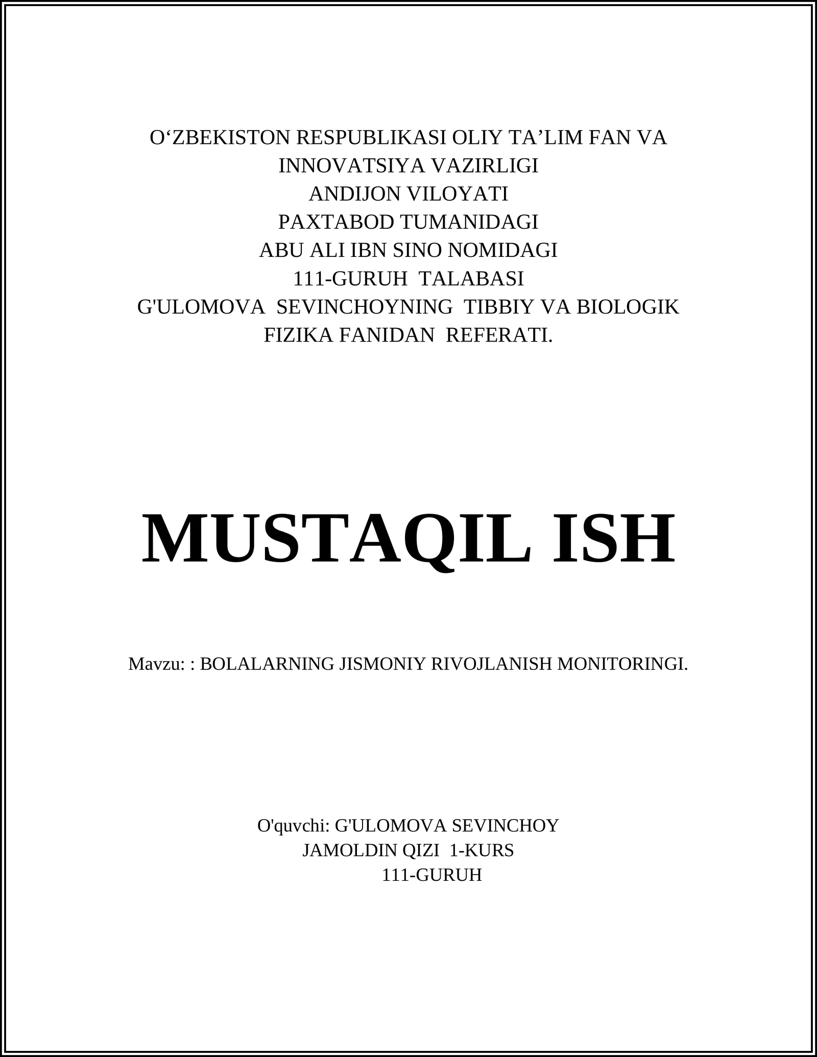 BOLALARNING JISMONIY RIVOJLANISH MONITORINGI