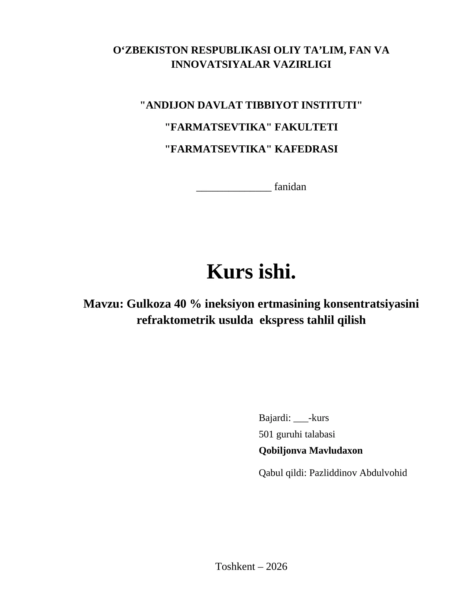 Gulkoza 40 % ineksiyon ertmasining konsentratsiyasini refraktometrik usulda  ekspress tahlil qilish