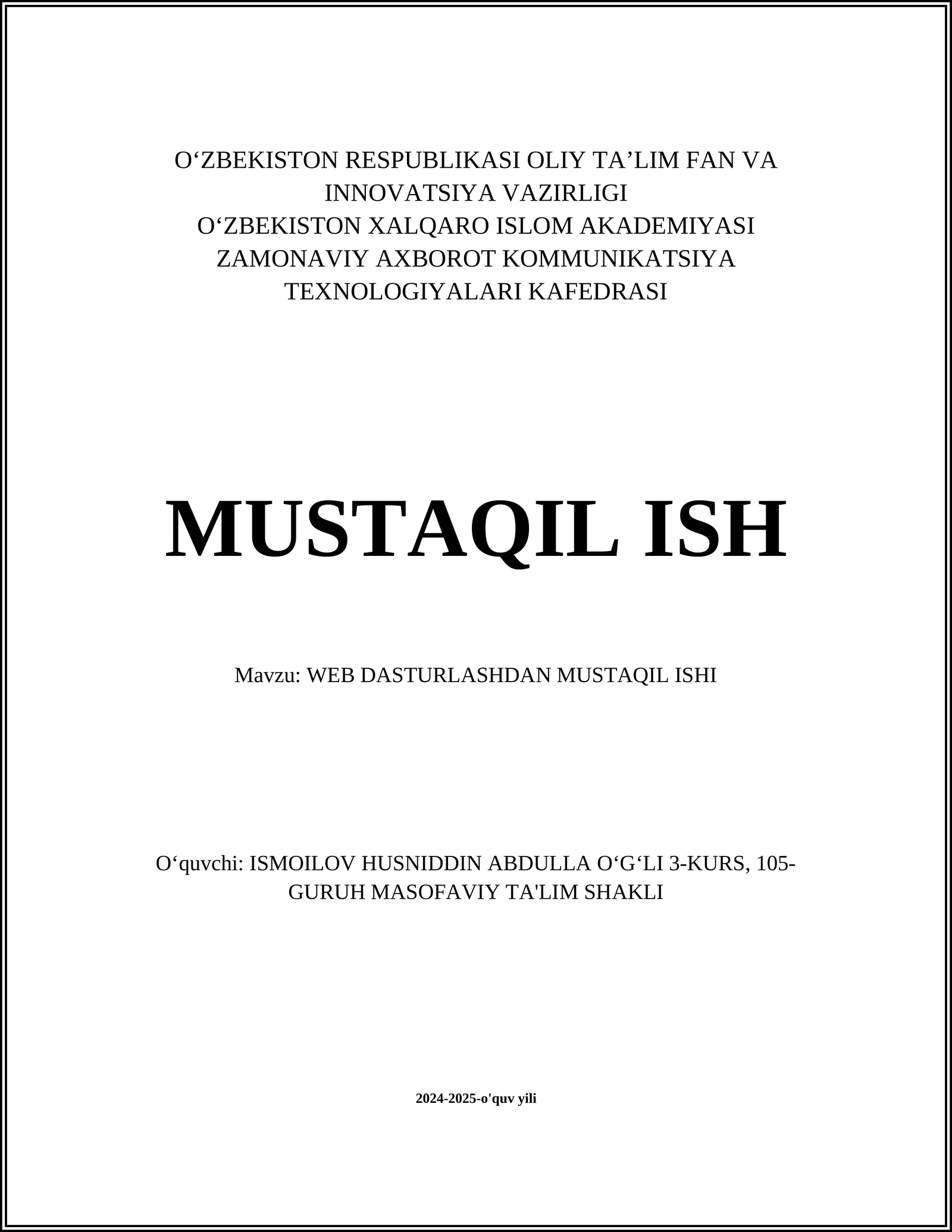 WEB DASTURLASHDAN MUSTAQIL ISHI