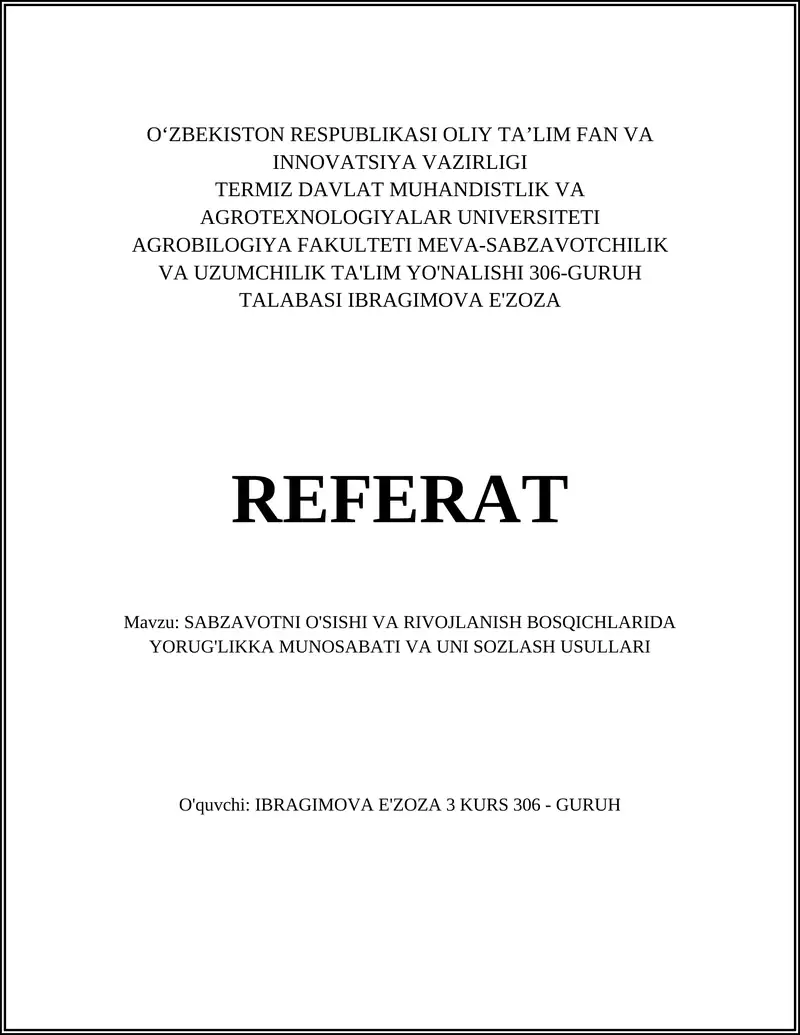 MEVA-SABZAVOTCHILIK TA'LIMI REFERATI