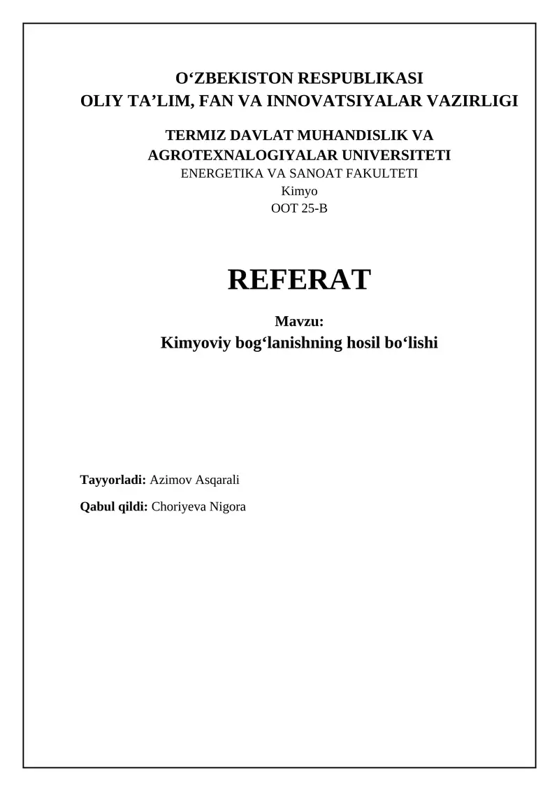 Kimyoviy bogʻlanishning hosil boʻlishi